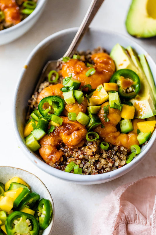 Teriyaki Shrimp Quinoa Bowls with Mango-Cucumber Salsa