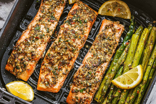 Air Fryer Salmon & Asparagus with Lemon Garlic Sauce